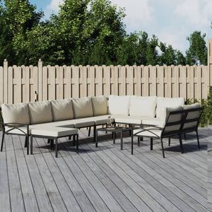 The Living Store 11-delige Loungeset met kussens staal zandkleurig - Lounge Set - Tuinmeubels - Stalen Lounge Set - Zwarte Lounge Set - Buitendinerset