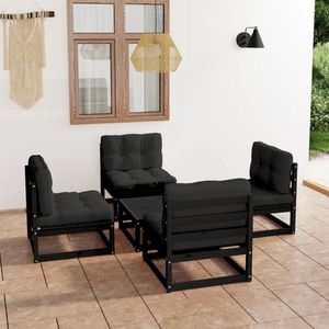 The Living Store Vierdelige Lounge tuinset - zwart - massief grenenhout - 70 x 70 x 67 cm - inclusief kussens