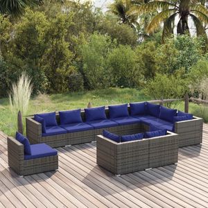 The Living Store Loungeset Grijs Poly Rattan - Hoekbank 70x70x60.5cm - Donkerblauwe kussens