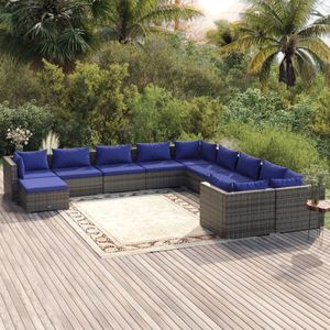 The Living Store Loungeset Poly Rattan - Grijs - Modulair Ontwerp - Weer- en Waterbestendig - Inclusief Kussens