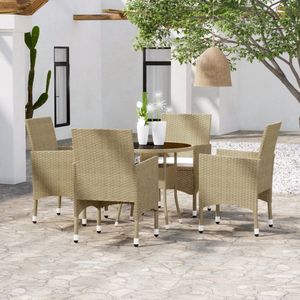 The Living Store Tuinset - Poly rattan - Tafel 80x75 cm (øxH) - Stoel 53x58x84 cm (BxDxH) - Beige - Crèmewit kussen