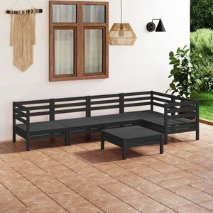 The Living Store 6-delige Loungeset massief grenenhout zwart - Houten Lounge Set - Tuinset - Loungestoel - Buis Stoffen Bank - Outdoor Furniture