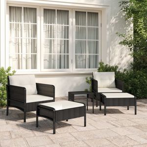 The Living Store Loungeset - Zwart PE-rattan met metalen frame - Complete set met 2 stoelen - 2 voetenbanken - 1 tafel en kussens