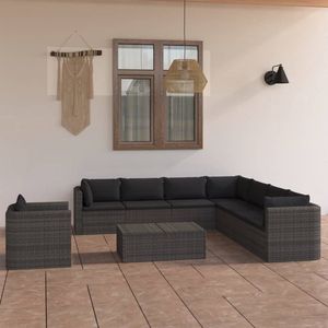 The Living Store Loungeset Poly Rattan - Grijs - Incl - kussens