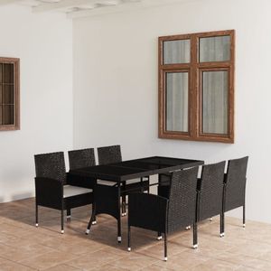 The Living Store Poly Rattan Tuinset - 170x80x74 cm - Zwart - Glas tafelblad - 6 stoelen - Crèmewit kussen