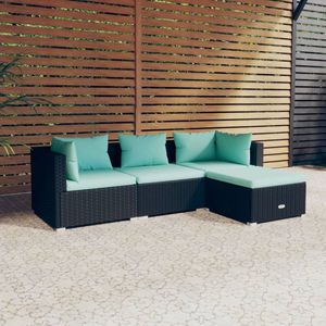 The Living Store Loungeset tuinmeubelset - zwart - waterblauwe kussens - modulair ontwerp - stevig frame - hoogwaardig materiaal