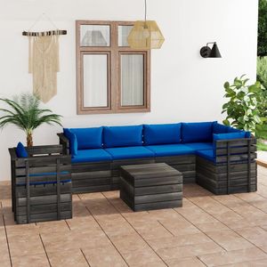 The Living Store Pallet Garden Lounge Set - Grenenhout - Blauwe kussens - Modulair