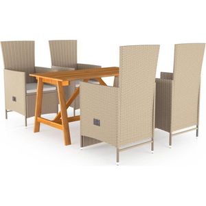 The Living Store Tuinset Acacia - Eettafel 140x70x73.5 cm - Beige - PE-rattan - Verstelbare rugleuning