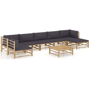 The Living Store Bamboe Loungeset - Hoekbank - Middenbank - Voetenbank - Tafel - Donkergrijs kussen - Montage vereist - 150 cm breed