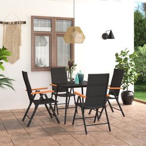 The Living Store Tuinset - PE-rattan - HKC armleuningen - glazen tafelblad - metalen frame - lichtgewicht - zwart - 80x80x74cm - 55x64x105cm - 7 posities - 1 tafel 4 stoelen