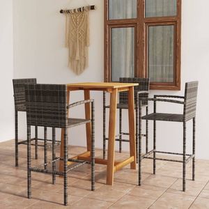 The Living Store Barset - Acaciahout - Grijs Poly Rattan - 70x70x104 cm - 4 Barkrukken