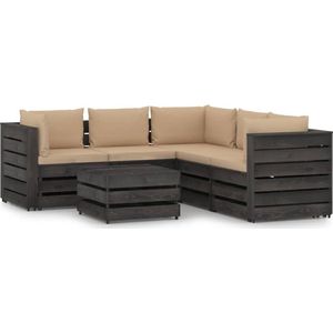 The Living Store Pallet Loungeset - Houten - 2x Middenbank - 3x Hoekbank - 1x Tafel/Voetenbank - Beige kussen -