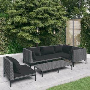 The Living Store 6-delige Loungeset met kussens poly rattan donkergrijs - Tuinset