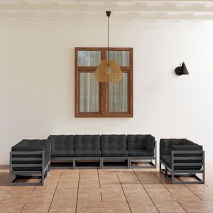 The Living Store Loungeset - Grenenhout - Grijs - 6 hoekbanken - 2 middenbanken - 8 zitkussens - 14 rug/zijkussens