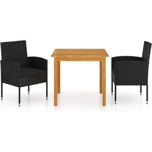 The Living Store Tuinset - Acaciahouten tafel (85x85x74 cm) en stoelen (52x56x88 cm) - Zwart rattan - Inclusief kussens