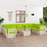 The Living Store Pallet Tuinset - 10-delig - Hout - 60x60x65 cm - Groene kussens