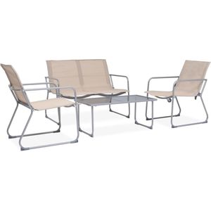 The Living Store Loungeset Tuin - Staal - Textileen - Crème - 1+2 Stoelen - Tafel