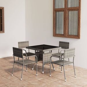 The Living Store Tuinset - Poly rattan - Antraciet - 80x80x74 cm - Glazen tafelblad - Inclusief 4 stapelbare stoelen -