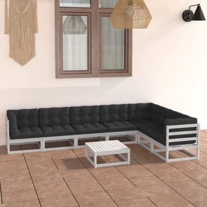 The Living Store Loungeset Grenenhout Wit - Hoekbank 70x70x67cm - Middenbank 70x70x67cm - Tafel 70x70x30cm