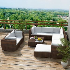 10-tlg. Garten-Lounge-Set mit Auflagen Poly Rattan Braun - Gartenmöbel - Loungemöbel - Rattanmöbel - Outdoormöbel - Gartenlounge - The Living Store