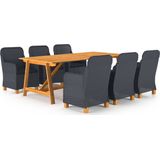 The Living Store Tuinset - Acaciahout - PE-rattan - Donkergrijs - Zwart - 206x100x74 cm - Set van 1 tafel - 6 stoelen en 6 kussens