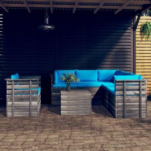 The Living Store Pallet Loungeset - Massief grenenhout - Lichtblauwe kussens
