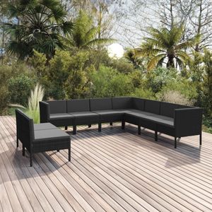 The Living Store loungeset - Tuinmeubelen - 6x middenbank + 3x hoekbank - Zwart - PE-rattan