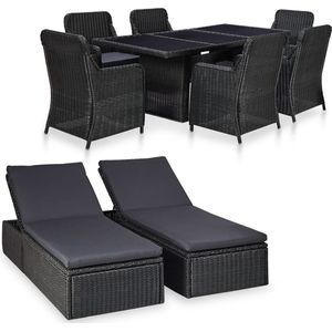 The Living Store Luxury Poly Rattan Tuinset - Zwart en Donkergrijs - 200x100x74 cm - Inclusief 6 stoelen - 2 ligbedden