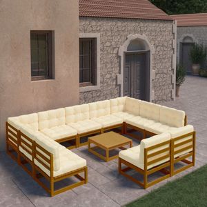 The Living Store Loungeset Grenenhout Tuinmeubelen - 70x70x67 cm - Honingbruin - Crème - Polyester