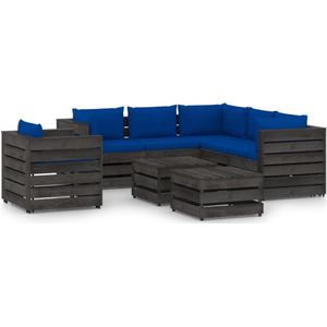 The Living Store Loungeset Pallet Grenenhout - 6-delig - Blauw kussen - 100% Polyester - 69x70x66cm - 60x70x66cm -