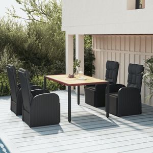 The Living Store Leunstoelset - PE-rattan en staal - Zwart - 57 x 69 x 106 cm (B x D x H) - Verstelbare rugleuning en voetensteun - Inclusief tafel en kussens - 150 x 90 x 75 cm (B x D x H) - Levering bevat 4 stoelen met kussens