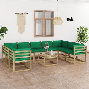 The Living Store Loungeset Pallet - 4 hoekbanken - 5 middenbanken - 1 tafel - 64x64x70 cm - Groen kussen - Grenenhout