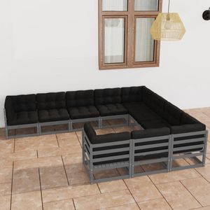 10-tlg. Garten-Lounge-Set mit Kissen Grau Massivholz Kiefer - Gartensofa - Lounge Set - Outdoor Möbel - Gartenmöbel - Rattan Gartenmöbel - The Living