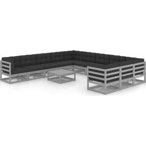 The Living Store Loungeset Grenenhout - Hoekbank - Middenbank - Tafel - 70x70x67 cm - Grijs - Antraciet-kussen