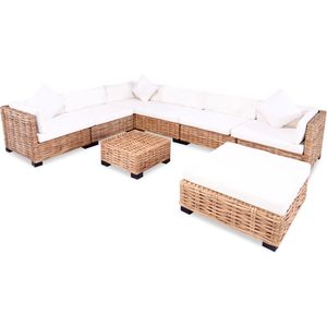 The Living Store Rattan Loungebank Set - 3 hoekbanksegmenten - 3 middenbanksegmenten - 1 hocker - 1 salontafel - bruin rattan - crème kussen - 67x67x58 cm