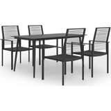 The Living Store Tuinset - Zwarte eettafel en stoelen - Gepoedercoat staal - Glas tafelblad- Waterbestendig PVC-rattan - Inclusief 4 stoelen