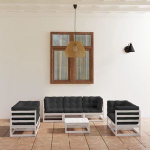 The Living Store Tuinset Grenenhout - Wit - 70x70x67cm - Antraciet kussens