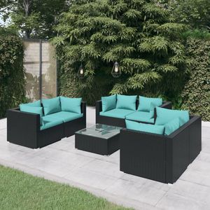 The Living Store Loungeset Outdoor - Hoekbank - Zwart - 70x70x60.5 - Waterblauwe kussens - Modulair design