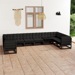 The Living Store 10-tlg. Garten-Lounge-Set mit Kissen Schwarz Massivholz Kiefer - Gartensofa - Lounge Set - Gartenmöbel - Outdoor Möbel - Rattan