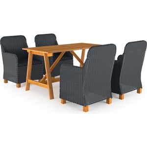 The Living Store Tuinset - Acaciahout - PE-rattan - Donkergrijs - 140x70x73.5cm - Montage vereist - 1 tafel + 4 stoelen
