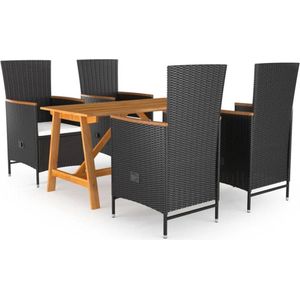 The Living Store Tuinset - Acaciahouten tafel 140x70x73.5cm - Zwart PE-rattan stoelen (Set van 4) - Verstelbare