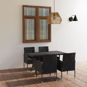 The Living Store Tuinset - Poly Rattan - PE-rattan - Glas - Zwart - 140x80x74 cm - 52x56x88 cm - 4 stoelen - 1 tafel - 4 zitkussens