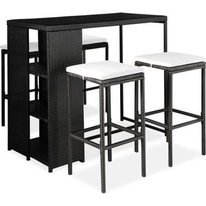 The Living Store Barset - PE-rattan - zwart - 120 x 60 x 110 cm - inclusief 1 tafel - 4 barkrukken en 4 zitkussens