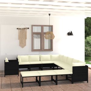 The Living Store Loungehoek Poly Rattan - 60x60x60 cm - Zwart/Crèmewit - Incl - Kussens