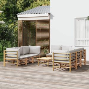 The Living Store Bamboe Tuinset - Lounge set - 4x Middenbank - 4x Hoekbank - 1x Tafel - Lichtgrijs Kussen - Modulair