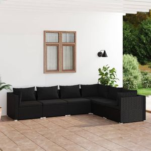 The Living Store Lounge tuinmeubelset - zwart - modulair design - PE-rattan - 3 hoekbank - 3 middenbank - 6 zitkussens