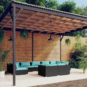 The Living Store Loungeset - PE-rattan - modulair design - zwart - waterblauwe kussens