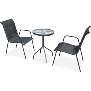 The Living Store Tuinset - Stalen frame - Geribbeld glazen tafelblad - Stapelbare stoelen - Zwart - 50x71 cm tafel -
