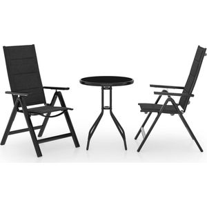 The Living Store Bistroset Tuin - Aluminium Textileen - Staal Glas - Antraciet Zwart - 60x72 cm øxH - Verstelbaar - Montage - 1x tafel 2x stoel