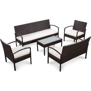 The Living Store Loungeset Poly Rattan - 5-delig - Bruin - PE Rattan - 155 x 58 x 72 cm - Met Kussens - Inclusief Salontafel